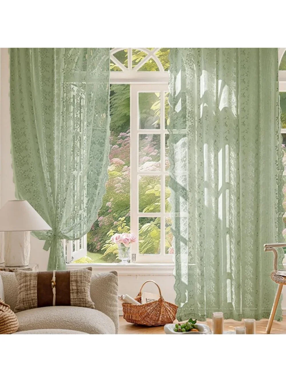 Vintage Sage Green Lace Curtains - 84